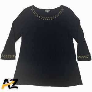 Vintage JM Collection Womens Top Size L Blue 3/4 Sleeves Pullover Metal Rings On